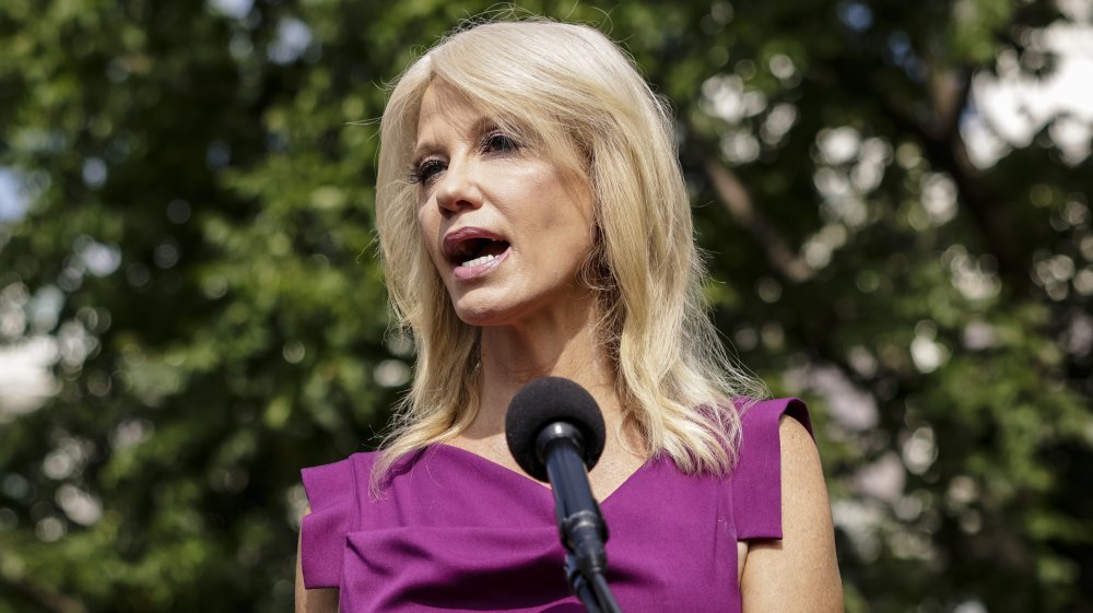 Kellyanne Conway, counselor to President Donald Trump, speaks to reporters outside of the West Wing of the White House