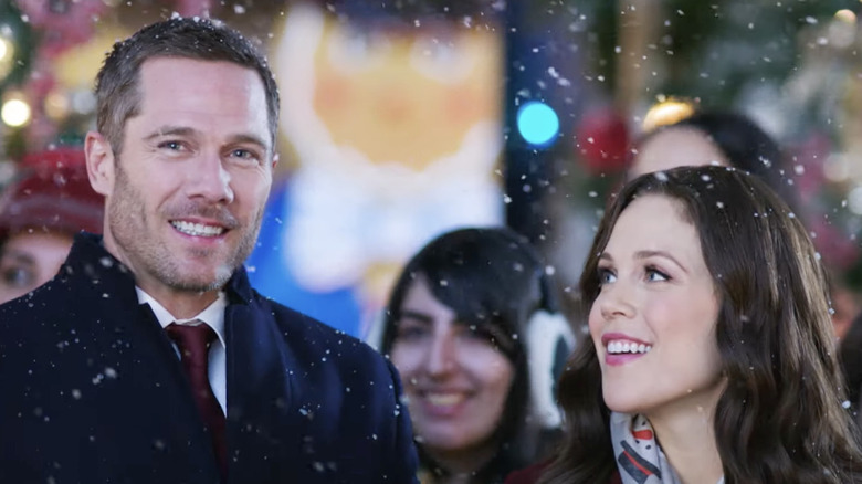 Erin Krakow and Luke Macfarlane on the set of "Sense, Sensibility & Snowmen"